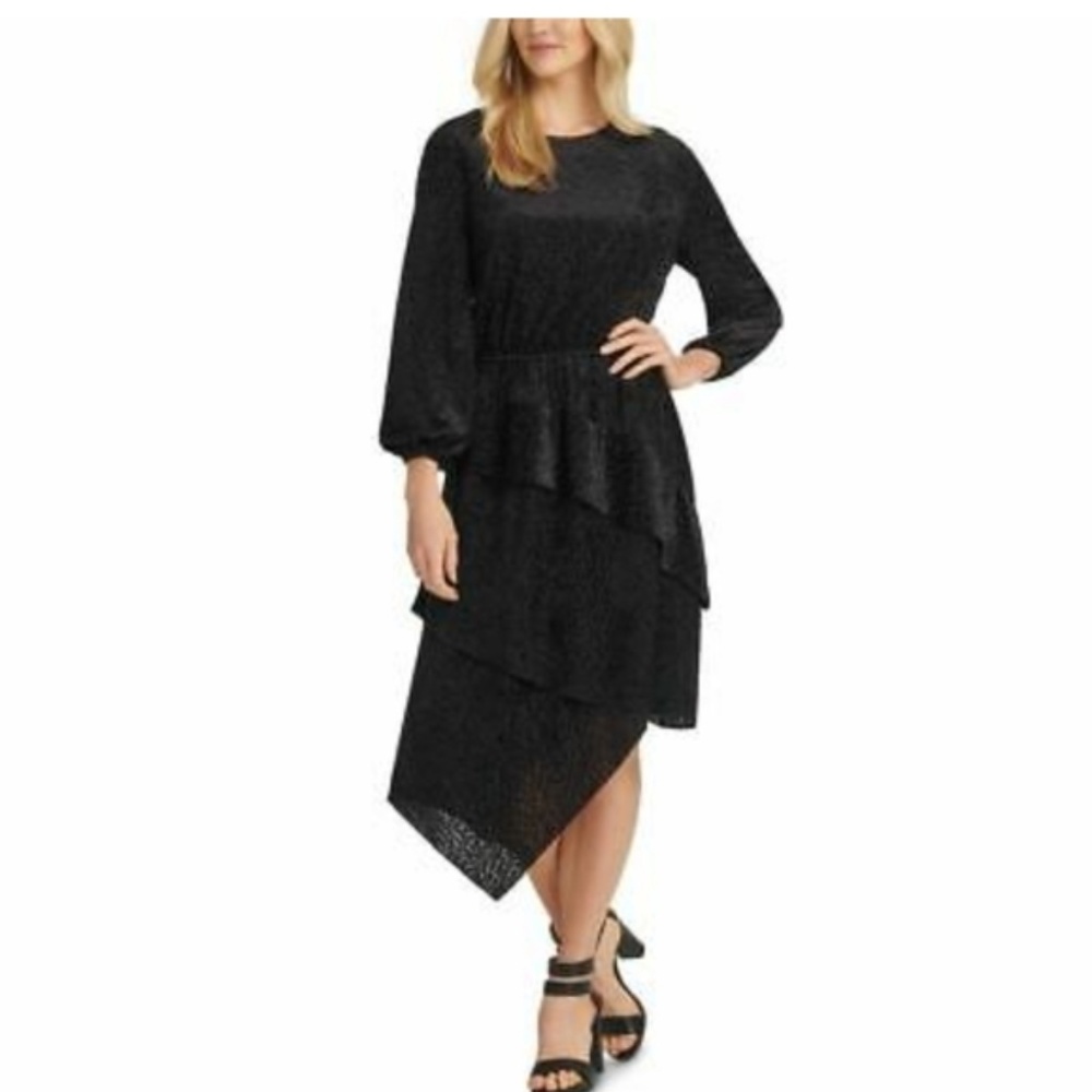DKNY Black Velvet Asymmetrical Midi Dress